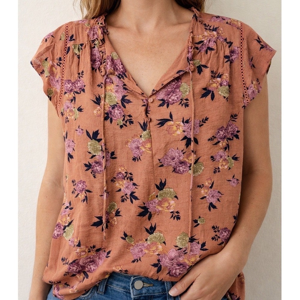 Buffalo David Bitton Flutter Sleeve Floral Blouse Top Shadow Roses Pink Boho S